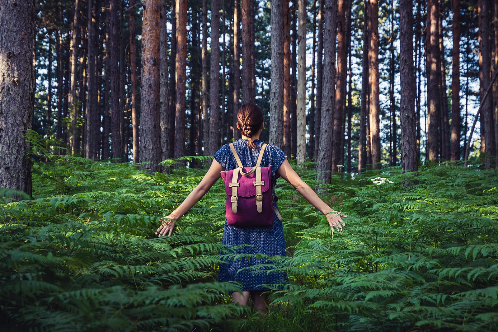 A woman with a backpack feels leaves as she walks through a forest. Online trauma therapy in North Carolina can offer support in becoming more mindful in the moment. Learn more about online trauma therapy in New Bern, NC by contacting a trauma therapist in New Bern, NC today. 