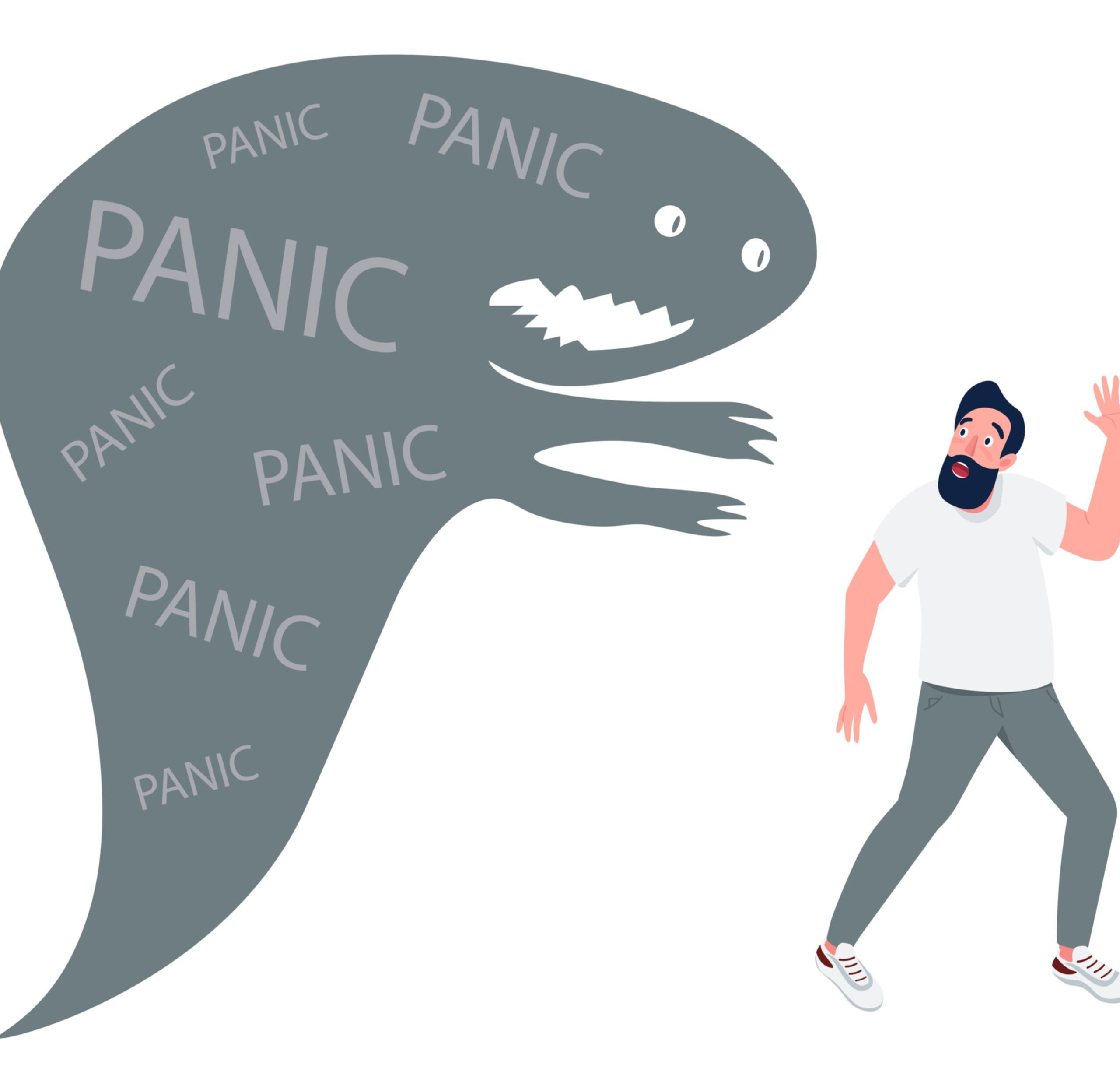 Cartoon of a panic filled monster overwhelming a man. Anxiety can be overwhelming and all consuming. Anxiety treatment in New Bern, NC can assist you with those feelings. Learn more!             
