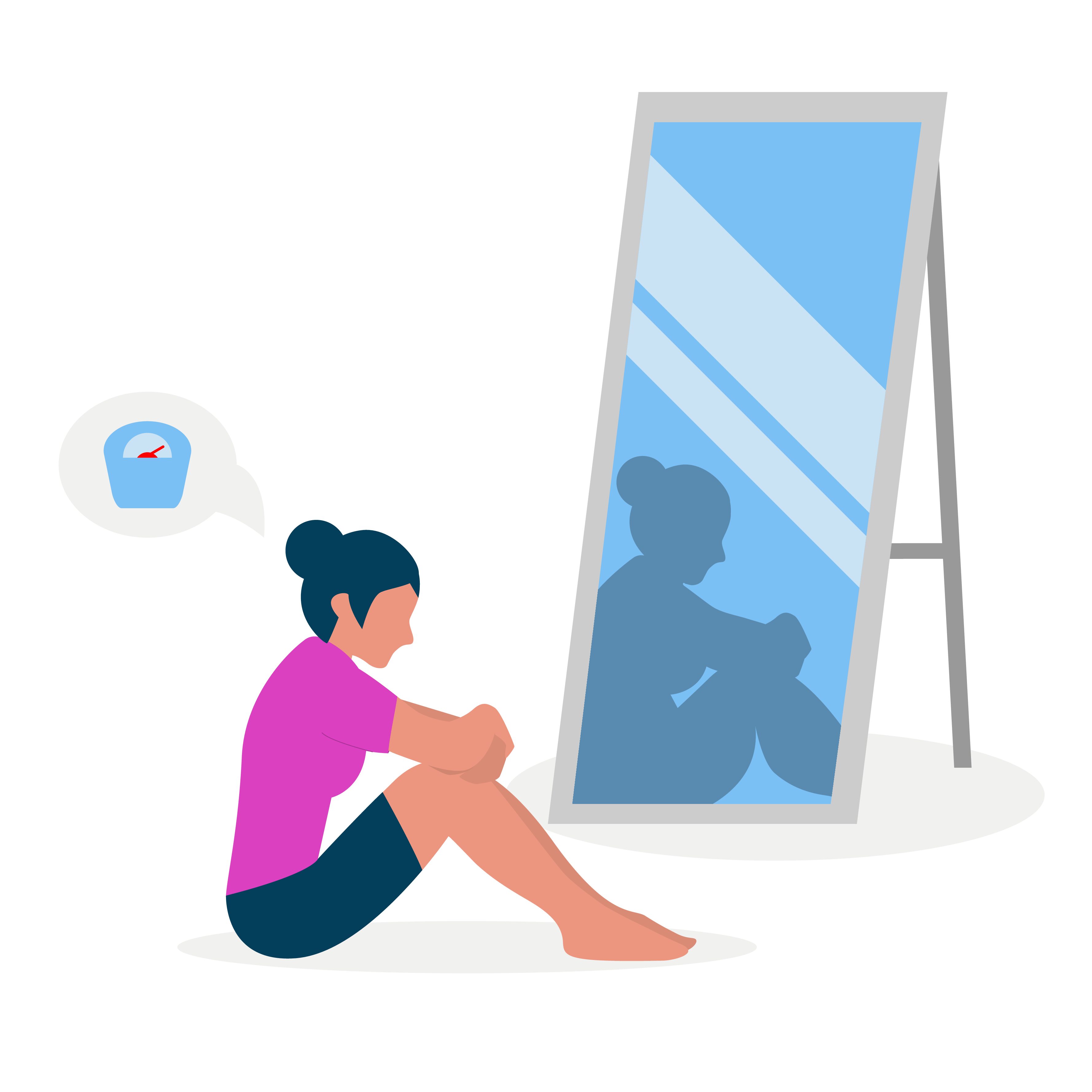 Cartoon of a woman looking at her reflection in a mirror. Anxiety can make you lose sight of who you are and what you love.  Therapy for anxiety in New Bern, NC has the solution! Learn more here.                   