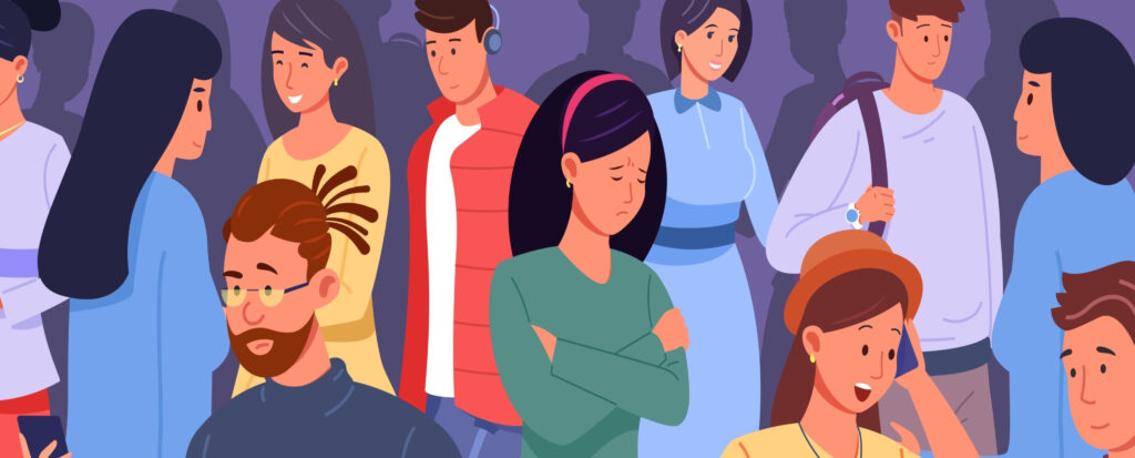 Cartoon image of a woman in a group of people feelig alone. You don't have to feel alone, even when surrounded by people. Therapy for anxiety in New Bern, NC can help you reconnect with the world around you. Read more here!