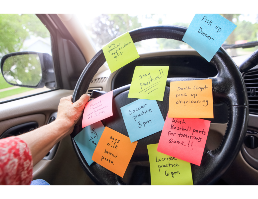 Mom driving in her car withg sticky notes all over the steering wheel representing all the things she needs to do. Woman are expected to do it all. If you find you are surviving but not thriving in your busy life, you may be dealing with Superwoman Syndrome. Online counselling in North Carolina can help you learn to overcome the feelings of anxiety and stress asscociated with Superwoman Syndrome.