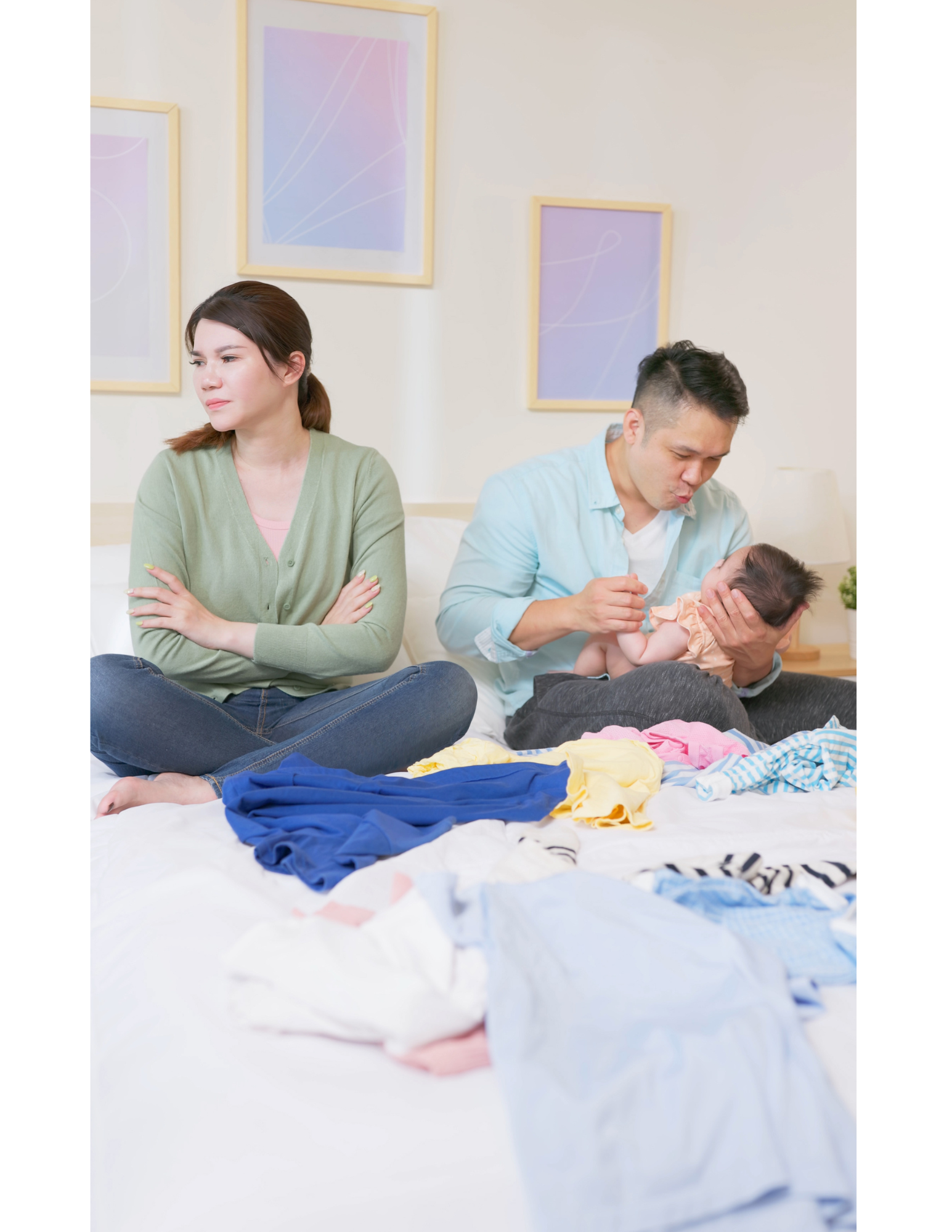 New mom struggling while her partner holds the baby representing the challenges of dealing with depression and postpartum mental health. You are not alone on this journey. Therapy for postpartum mental health in North Carolina can offer you the support you need.
