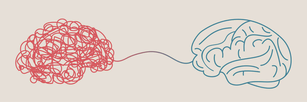 A graphic of two brains transitioning from scribbles to a brain. Learn how therapy for anxiety in New Bern, NC can offer support for you and thinking skills. Contact a New Bern therapist or search “therapist New Bern NC” to learn more. 