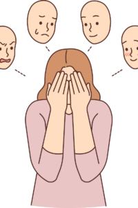 cartoon women with head in hands. Different faces with various moods surrounding her. Counseling for mood management. North Carolina.