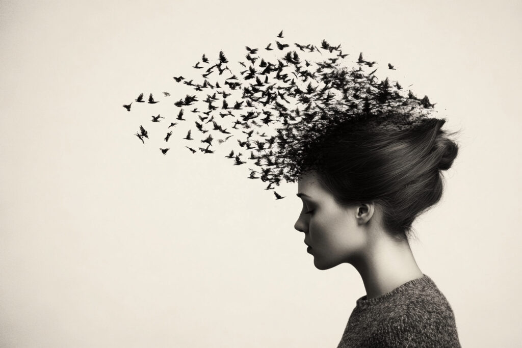 A woman in transition, birds flying out of head