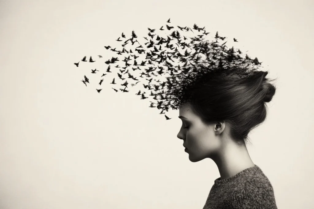 Surreal image of a woman with birds flying out of her head, symbolizing thoughts or emotional release.