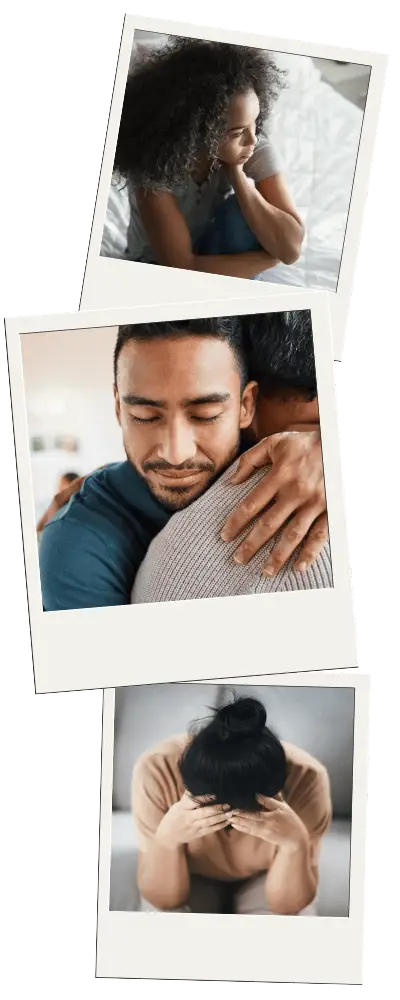 Three polaroid images that showcase the struggle people have with anxiety and stress, depression, and other areas of mental health