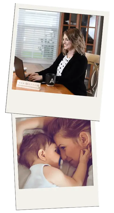 Two images including Renewed Wellness Counseling founder Marcy Arnold and a mother and her baby