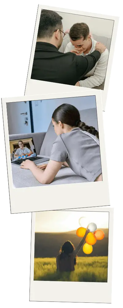 Three polaroid images - one showcasing being matched with a therapist, one showcasing an initial consultation call with a therapist, and another showing a woman holding balloons