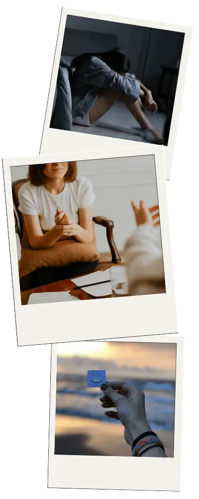Three polaroid images - one showcasing a woman struggling with trauma sitting in a bedroom, one showcasing a first session with a therapist, and another showing a happy face on a piece of paper