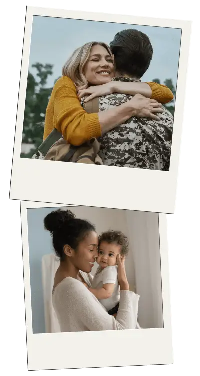 Two polaroid images - one showing a couple going through military life and another image showcasing a mother with her baby