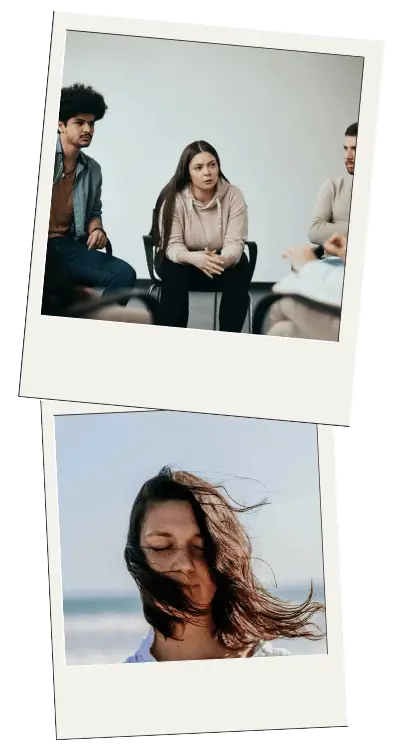 Two polaroid images - one showing a support group and another image showcasing a woman finding peace outside