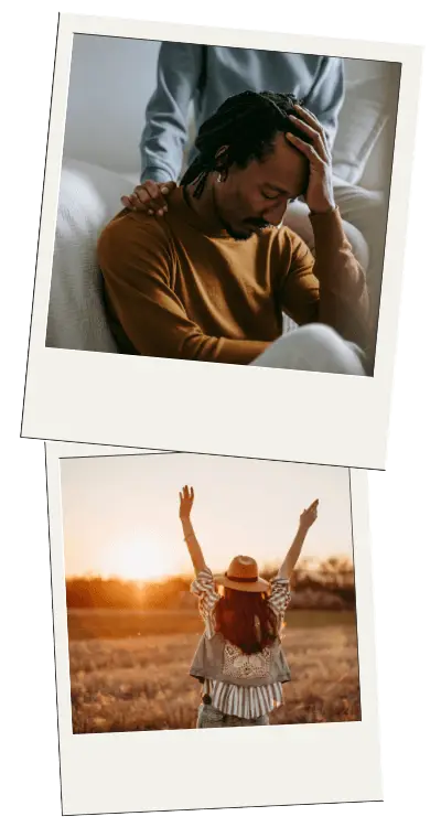Two polaroid images - one showing a man being comforted and another image showcasing a woman outside finding peace