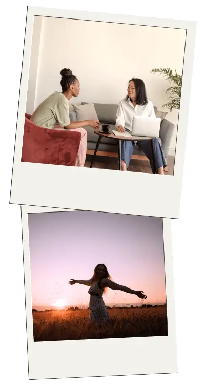 Two polaroid images - one showing two women talking in therapy and another image showcasing a woman outside finding peace