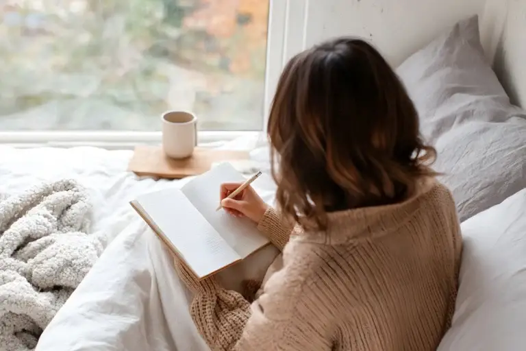 Person journaling in bed near a window during a January mental health check-in