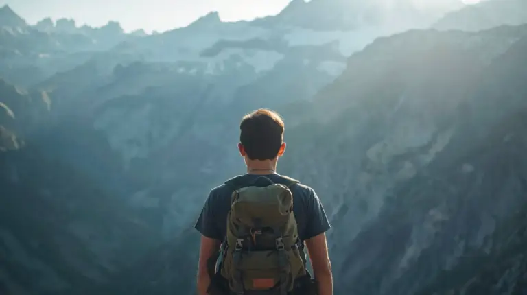 Person looking out over a mountain landscape, representing reflection on a path not chosen