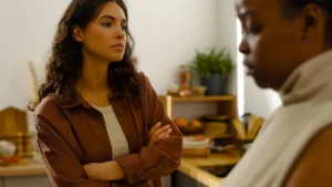 Woman looking irritated during a tense conversation with her partner