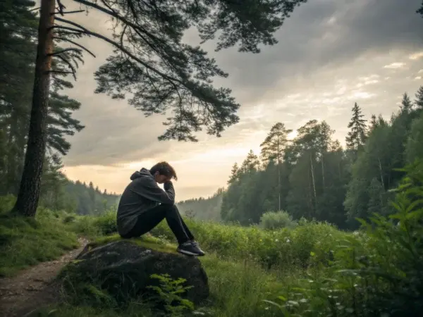 Person sitting alone outdoors with their head resting on their knees