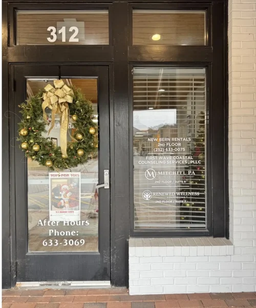 Exterior entrance of 312 S Front St in New Bern NC where Renewed Wellness Counseling is located.